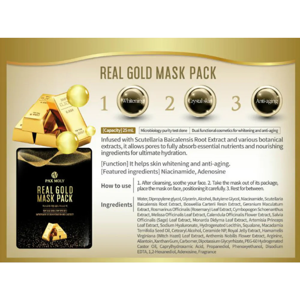 pack of 6 pcs PAX MOLY – Real Gold Mask Pack – Moisturizing and firming sheet mask with golden extracts and royal jelly - Image 2