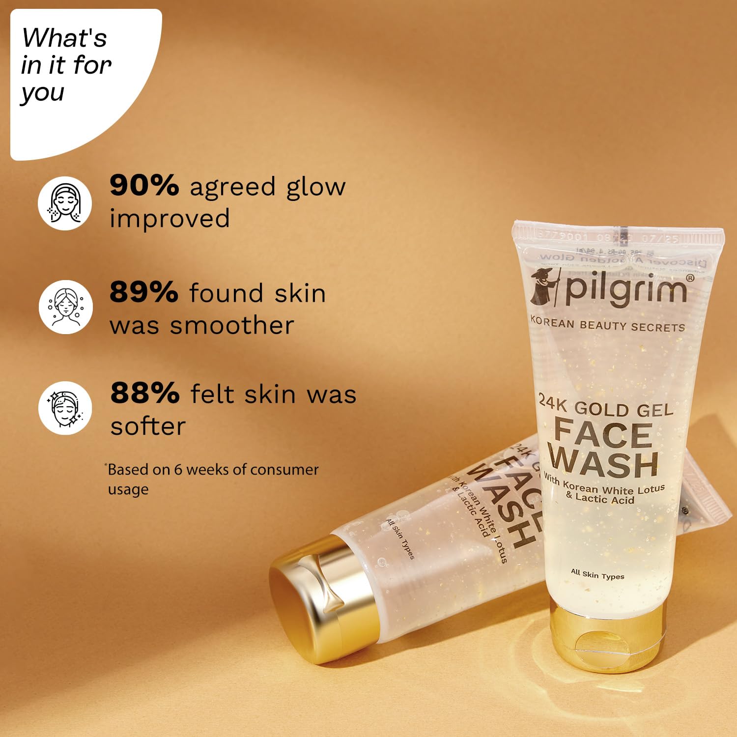 Pilgrim 24k Gold Gel Facewash with Korean White Lotus & Lactic Acid 80ml | For All Skin Types - Image 3