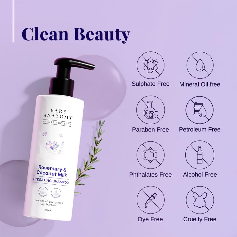 Bare Anatomy Hydrating Shampoo with Rosemary & Coconut Milk for Smooth & Silky Hair 200ml - Image 5