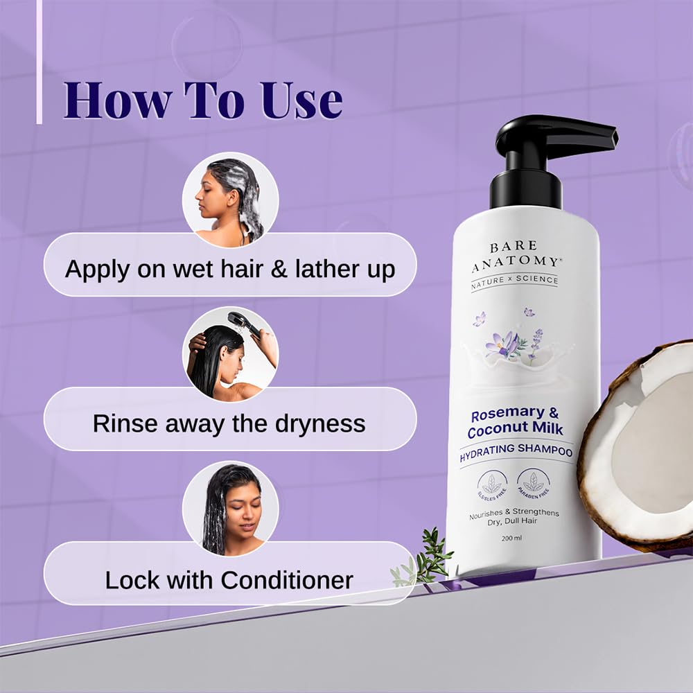 Bare Anatomy Hydrating Shampoo with Rosemary & Coconut Milk for Smooth & Silky Hair 200ml - Image 6