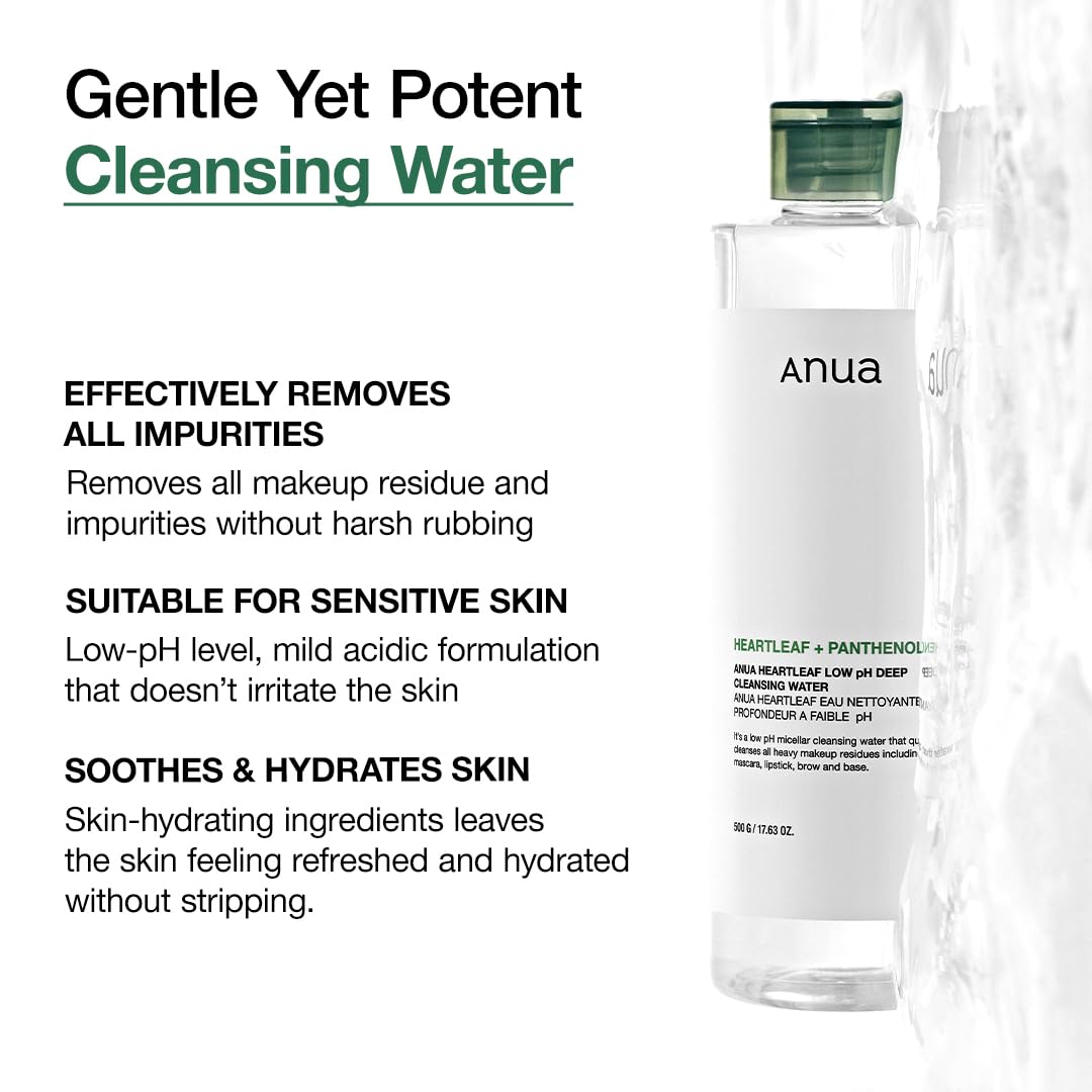 ANUA Heartleaf Low pH Deep Cleansing Water, Micella Water, Panthenol, Squalane, Makeup Remover for Sensitive Skin, Korean Skin Care (500g, 17.63 oz.) - Image 4