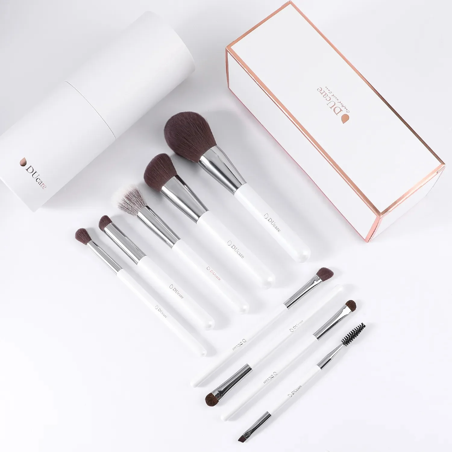 DUCARE White 9Pcs Face & Eye Brush Set with Holder - Image 9