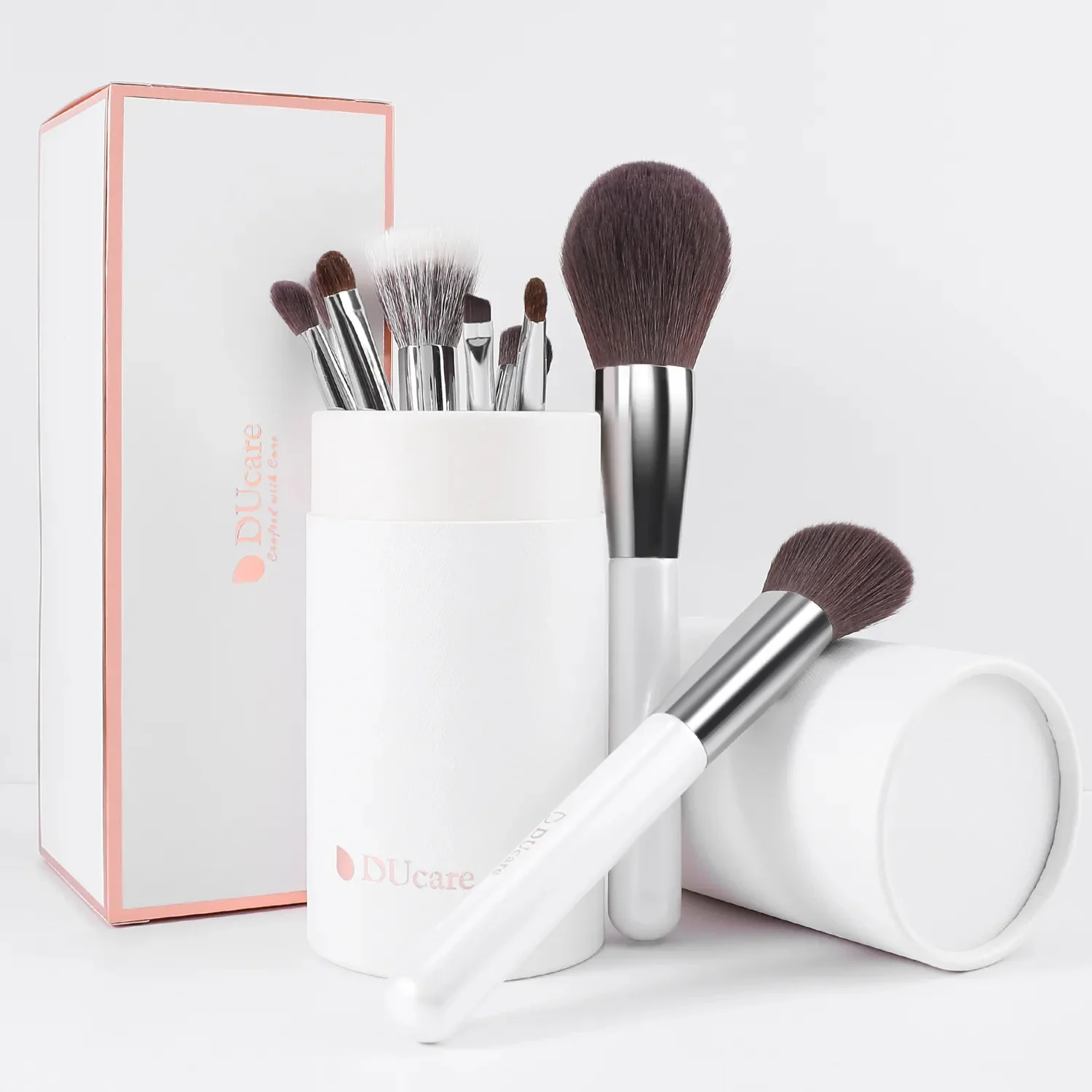 DUCARE White 9Pcs Face & Eye Brush Set with Holder - Image 8