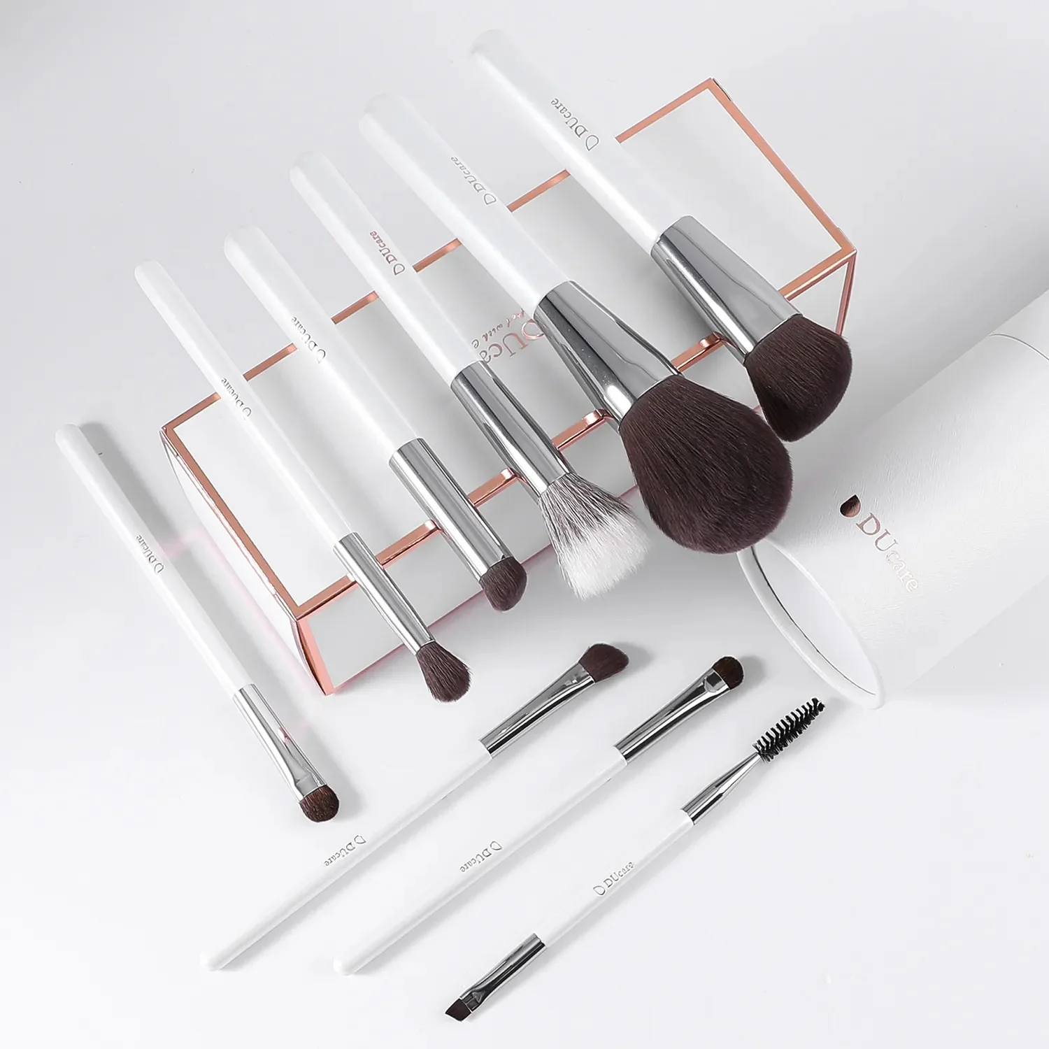 DUCARE White 9Pcs Face & Eye Brush Set with Holder - Image 7