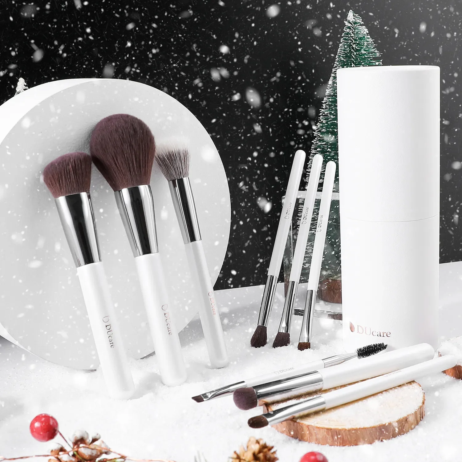 DUCARE White 9Pcs Face & Eye Brush Set with Holder - Image 2